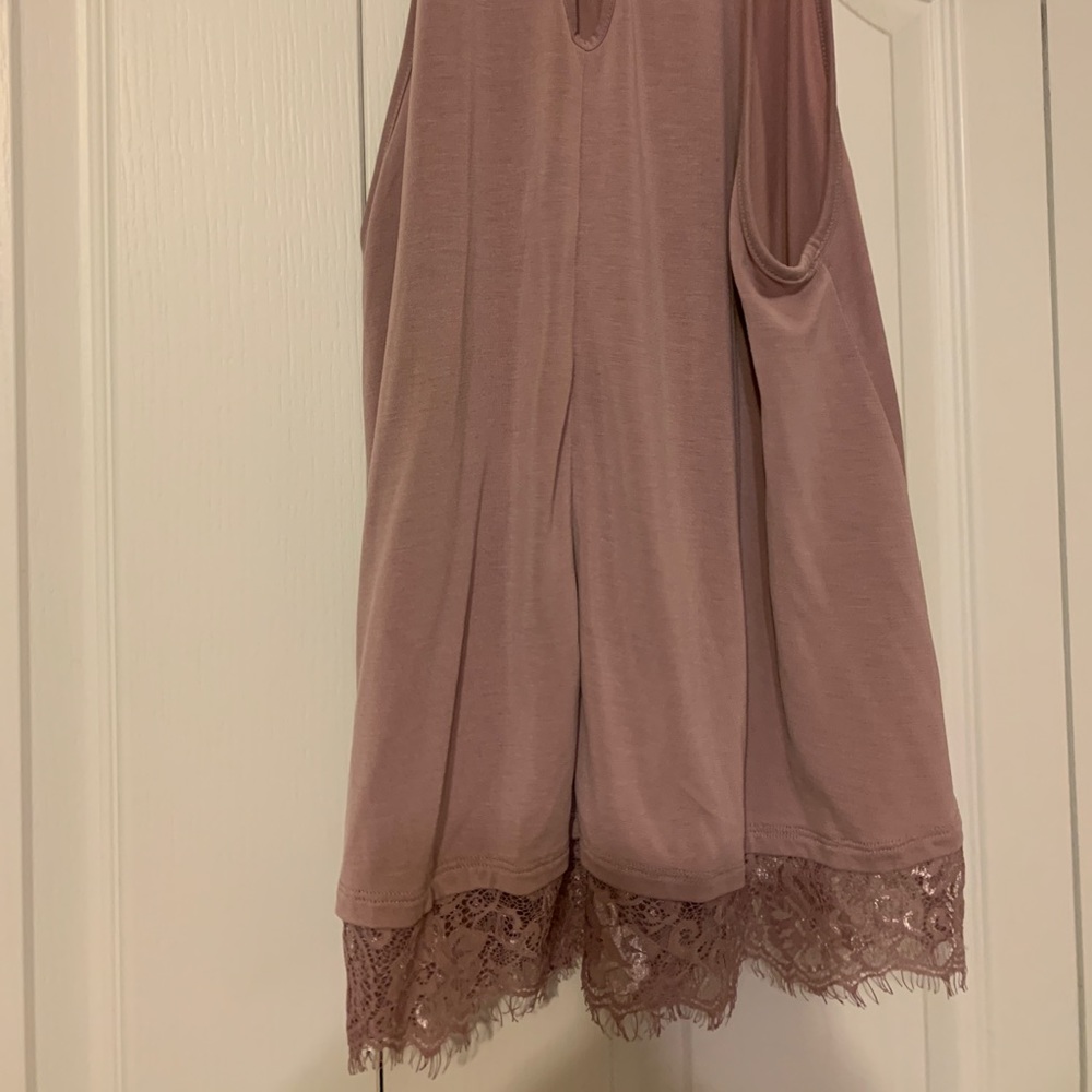 high neck mauve lace-trim top